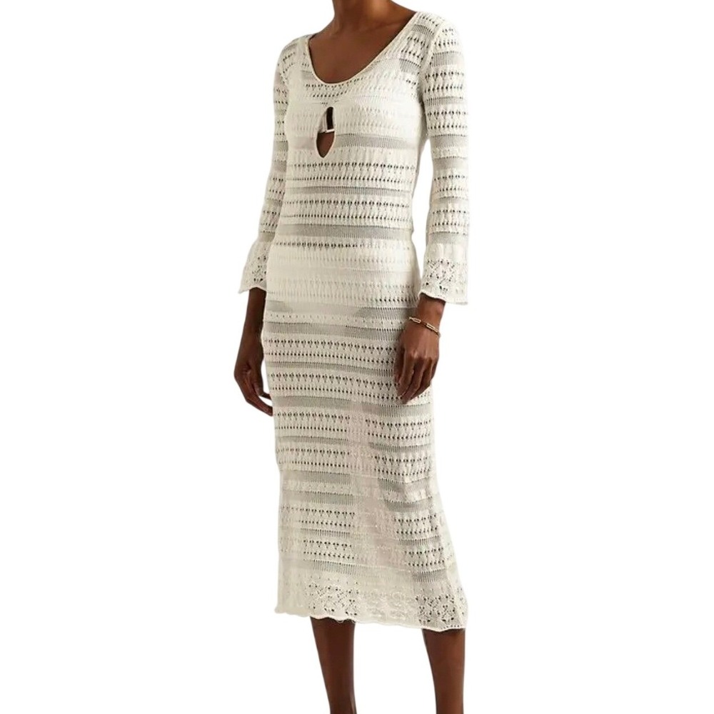 Gimaguas Brigitte Crochet-Knit Midi Dress White Keyhole Long Sleeve Boho Summer